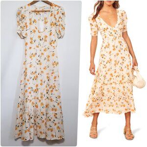 NWT Reformation Cosa Floral Midi Dress Limonada Yellow V-Neck Tiered Skirt Sz 0